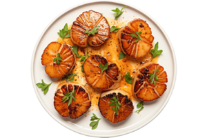 AI generated Seared Scallops in Top View on transparent background. png