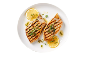 ai genererad grillad svärdfisk biff med citron- och örter på transparent bakgrund. png