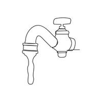 faucet drop of water in continuous line art drawing style. Mixer tap with water drop black linear sketch isolated on white background. Vector illustration