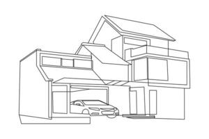 modern house One continuous line drawing. Flat roof house or commercial building. isolated on white background. Vector illustration