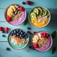 AI generated Colorful Smoothie Bowls Assortment photo