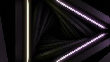 Triangular 3d tunnel with flashing lines. Design. Rotating 3d tunnel with triangles and glowing lines. Dark triangular tunnel with flashing lights photo