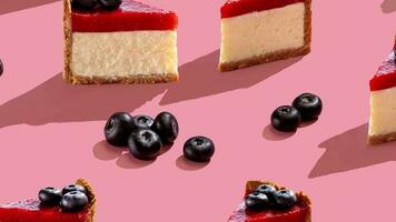 Cheesecake with strawberry jam and blueberries with hard shadows. sweet concept pattern on pink vertical Food video 4k