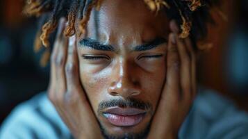 AI generated Close up portrait of young african american man with dreadlocks feel head pain. photo