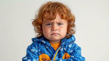 AI generated Portrait of a sad red-haired boy in a blue pajama on a white background photo