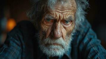 ai generado retrato de un antiguo triste hombre con gris pelo y azul ojos. foto