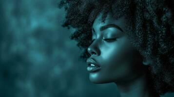 AI generated Beauty portrait of african american woman with afro hairstyle in blue light. photo