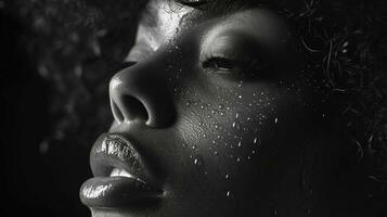 AI generated Black and white portrait of beautiful african american woman with wet skin photo
