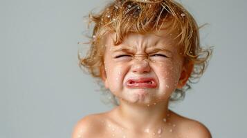 ai generado retrato de un pequeño chico con mojado cabello. el niño es llorando y mirando a el cámara. foto