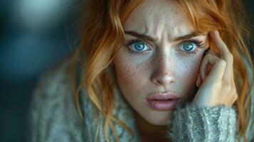 AI generated Close up portrait of sad and angry young woman with freckles looking at camera photo