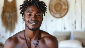 ai generado retrato de un hermoso africano americano hombre con rastas sonriente a cámara foto