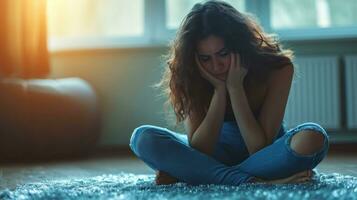 AI generated Sad young woman sitting on the floor in the living room at home photo