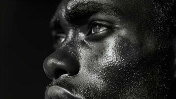 AI generated Close-up portrait of black man with wet face. Afircan equality. photo