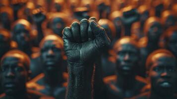 AI generated Close up of raised fist in front of a group of black people. photo