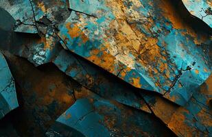 AI generated Abstract Geometric Wallpaper, Mimicking Ruined Materials, Dark Cyan and Bronze, Fantastical Ruins photo