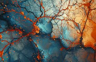 AI generated Abstract Image of Colored Branches, Intricately Mapped Worlds, Dark Azure and Red photo