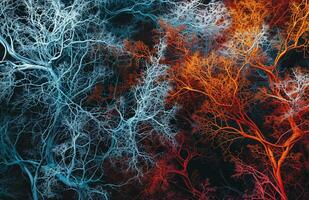 AI generated Abstract Image of Colored Branches, Intricately Mapped Worlds, Dark Azure and Red photo