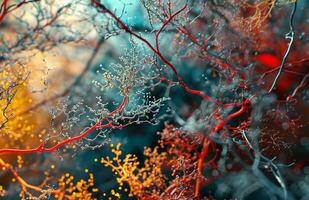 AI generated Abstract Image of Colored Branches, Intricately Mapped Worlds, Dark Azure and Red photo