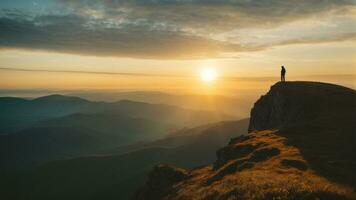 AI generated Vivid Wilderness Lone Hiker's Silhouette at Golden Twilight photo