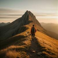 AI generated Vivid Wilderness Lone Hiker's Silhouette at Golden Twilight photo