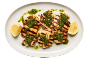 ai genererad grillad bläckfisk grillspett med chimichurri sås på transparent bakgrund. png