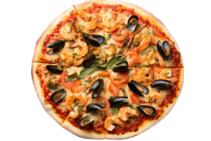 AI generated Seafood Pizza with Mussels, Clams, and Prawns on transparent background. png