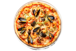 AI generated Seafood Pizza with Mussels, Clams, and Prawns on transparent background. png