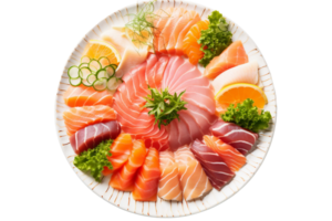 ai gegenereerd sashimi schotel met een verscheidenheid van rauw vis Aan transparant achtergrond. png