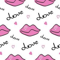 Stylish graphic seamless pattern with pink lips, hearts and word love.Background, wrapping paper vector