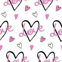 Stylish graphic seamless pattern with pink hearts and word love. Background vector