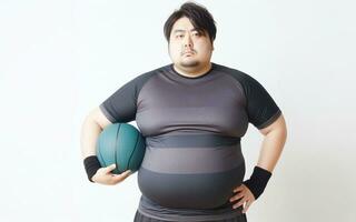 AI generated Fat man exercising People weighing 100 kilograms enter the fitness center, white background photo