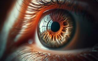 ai generado macro imagen de el ojo agudo detalles, ojo lente, de cerca imagen de un humano ojo. foto