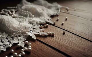 AI generated White lace fabric on a wooden background. Warm and gentle feminine background concept. photo