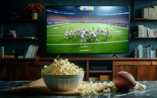 ai generado palomitas de maiz en el mesa en frente de el televisión y En Vivo retransmisiones de americano fútbol americano juegos en el vivo habitación hora de descanso foto