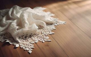 AI generated White lace fabric on a wooden background. Warm and gentle feminine background concept. photo