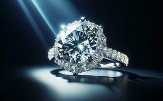ai generado diamante anillo, Boda anillo, blanco oro, destellos en un negro antecedentes. foto