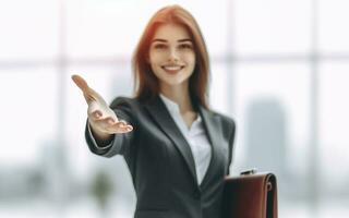 AI generated Business woman extends her hand forward Extend your arms to invite business success concept Blurred work background photo