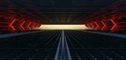 ciencia fi túnel tecnología de tuberías futurista sala de exposición moderno túnel tubería piso y pared de futurista espacio y exposición habitación corredor 3d ilustración foto