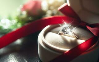 ai generado Boda anillo, matrimonio propuesta, amor confesión, diamante anillo, cinta y rosa, San Valentín día amor antecedentes foto