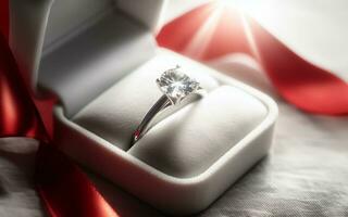 ai generado Boda anillo, matrimonio propuesta, amor confesión, diamante anillo, cinta y rosa, San Valentín día amor antecedentes foto