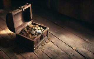 AI generated An ancient treasure chest in a dilapidated room filled with cobwebs, cobwebs, photo