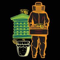 A beekeeper with a hive and a jar of honey. vector