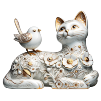 AI Generated Porcelain Ceramic cat figurine keepsake, statuette. Dove, petal and leaf embellishments. Gilded edges, shiny surface. Collectible handcrafted. Artistic refined, ornamental and craftsmanship png