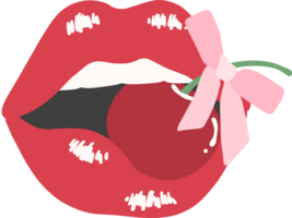 kokett estetisk röd mun med körsbär och rosett - eleganta platt design illustration png
