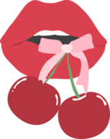 coqueta estético rojo labios con cerezas y arco - elegante plano diseño ilustración png