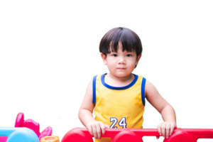 Jeune enfant en jouant sur coloré Cour de récréation. asiatique bambin garçon dans une Jaune Jersey jouit récréation sur une vibrant, coloré terrain de jeux structure, isolé Contexte. png