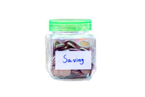 Transparent glass jar with green lid, filled with coins and labeled 'Saving', symbolizing financial responsibility and savings. Money Jar, Put Thai Baht, Savings for the Future. On Isolated Background png