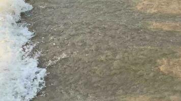 soleado pequeño, suave ola en arena playa para apertura video, texto espacio. cerca arriba parte superior abajo ver de mar azul olas descanso en arena. verano vídeo estaba Disparo en noche a puesta de sol video