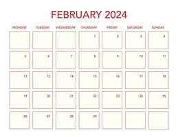 febrero 2024 sencillo calendario horizontal vector