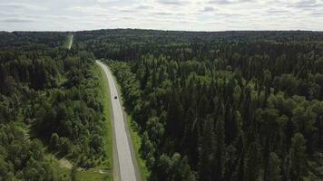 Aerial view of white car driving on country road in forest. Aerial view flying over old patched two lane forest road with car moving green trees of dense woods growing both sides. Car driving along photo